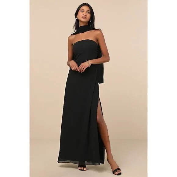 Lulus | Dresses | Lulus Rawya Black Strapless Maxi Dress And Scarf Set Size  M | Poshmark